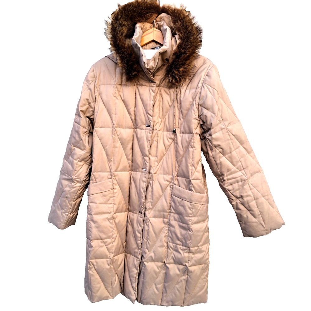 Midnight Velvet Womens Beige Knee Length Winter Down Puffer Coat Hooded Jacket M